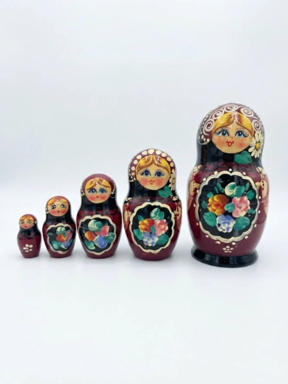 Vintage Russian Matryoshka Nesting Dolls Set of 5 Hand Painted Floral Wood 7"